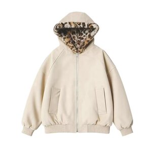 美式复古连帽豹纹男女双面穿座山雕棉服PU磨砂皮棉衣秋冬街头外套图片