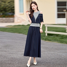 蓝色露肩软牛仔半身裙两件套女夏季独特绝美超火巨好看ootd一整套，女装套装/套裙，鑫鑫美