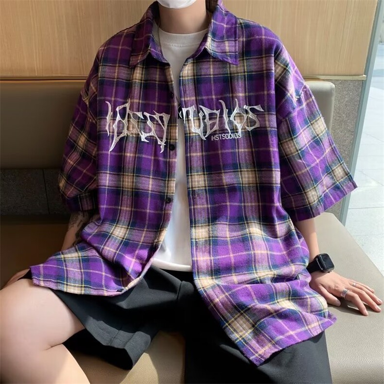格子短袖衬衫男女潮牌新款夏季宽松日系衬衣设计感外套S1060-P35,男装衬衫,星座1008
