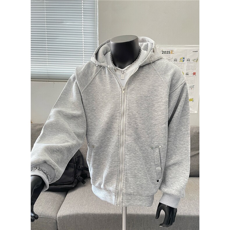 春装新款潮铆钉装饰连帽开衫卫衣外套WT17-P58浅灰色,男装卫衣,电商C310