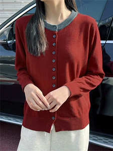 圆领拼色开衫女圆领长袖宽松显瘦春秋款假两件,酒红色桔梗裙搭配什么鞋子图片