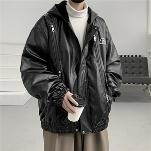 春装冲锋衣连帽皮夹克机车PU皮衣外套P110控158抖音控178加绒+20