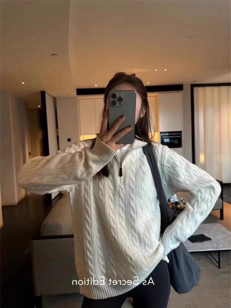 新款女士半开衫拉链毛衣麻花立领刺绣秋冬针织衫上衣,针织衫/毛衣,半城羊绒