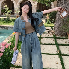 浅蓝色新中式国风牛仔套装初秋女2024新款炸街时尚阔腿裤两件套潮，女装套装/套裙，浙宝305