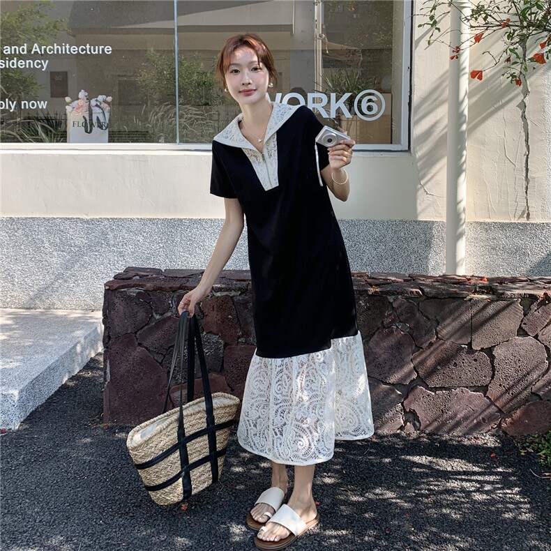2025夏季新款淡人设计感裙摆蕾丝拼接别致拉链披肩装饰短袖连衣裙图片