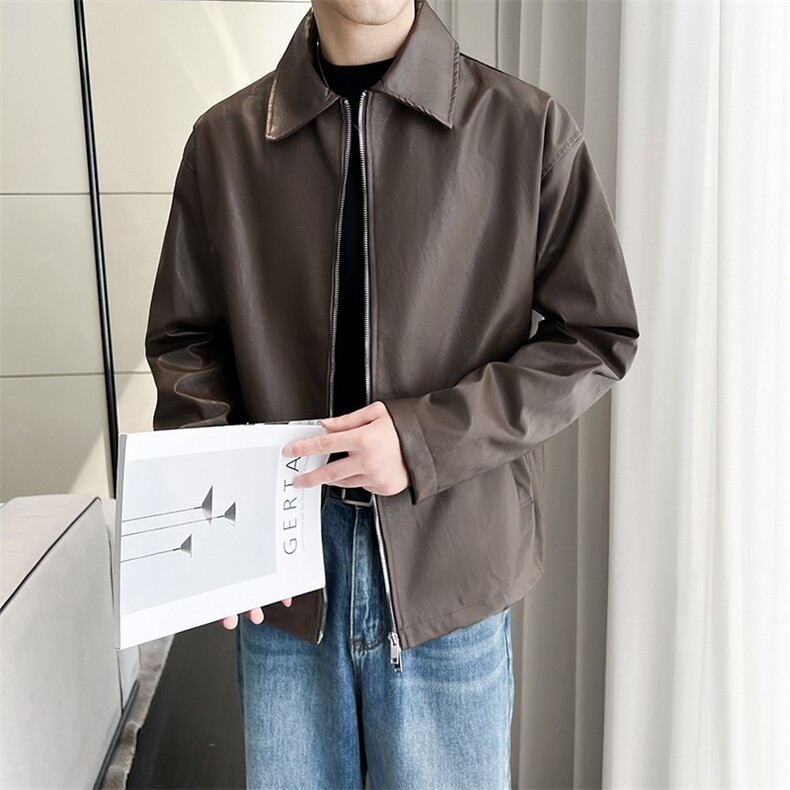 W643-P64痞帅Pu皮衣小众设计感潮牌双拉链垫肩皮夹克男机车服,男装皮衣,电商B323A