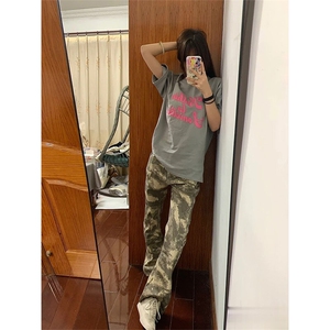 2025秋季美式中性迷彩微喇牛仔裤男街头宽松拼接直筒休闲G970-P55图片