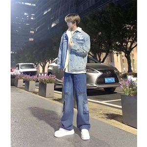 博主图工装大口袋牛仔裤男秋冬微喇叭复古水洗裤子-KZA43-P68,夏天红色裤子怎样搭配上衣图片