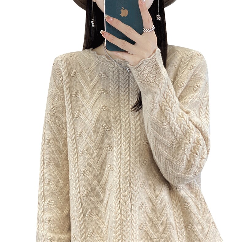 圆领100%纯羊毛衫女秋冬镂空扭花针织衫毛衣宽松羊绒衫长袖打底衫,女装羊毛衫,琳华羊绒
