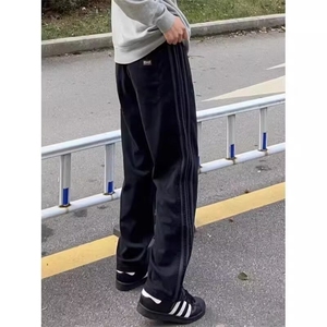 条纹裤子男夏季薄款美式高街军绿色工装裤休闲拼接条杠宽松直筒裤