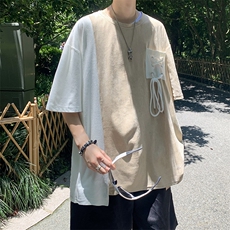 男士短袖t恤夏季新款潮流撞色五分袖鹿皮绒小众设计中袖上衣p38，男装T恤，星座1013