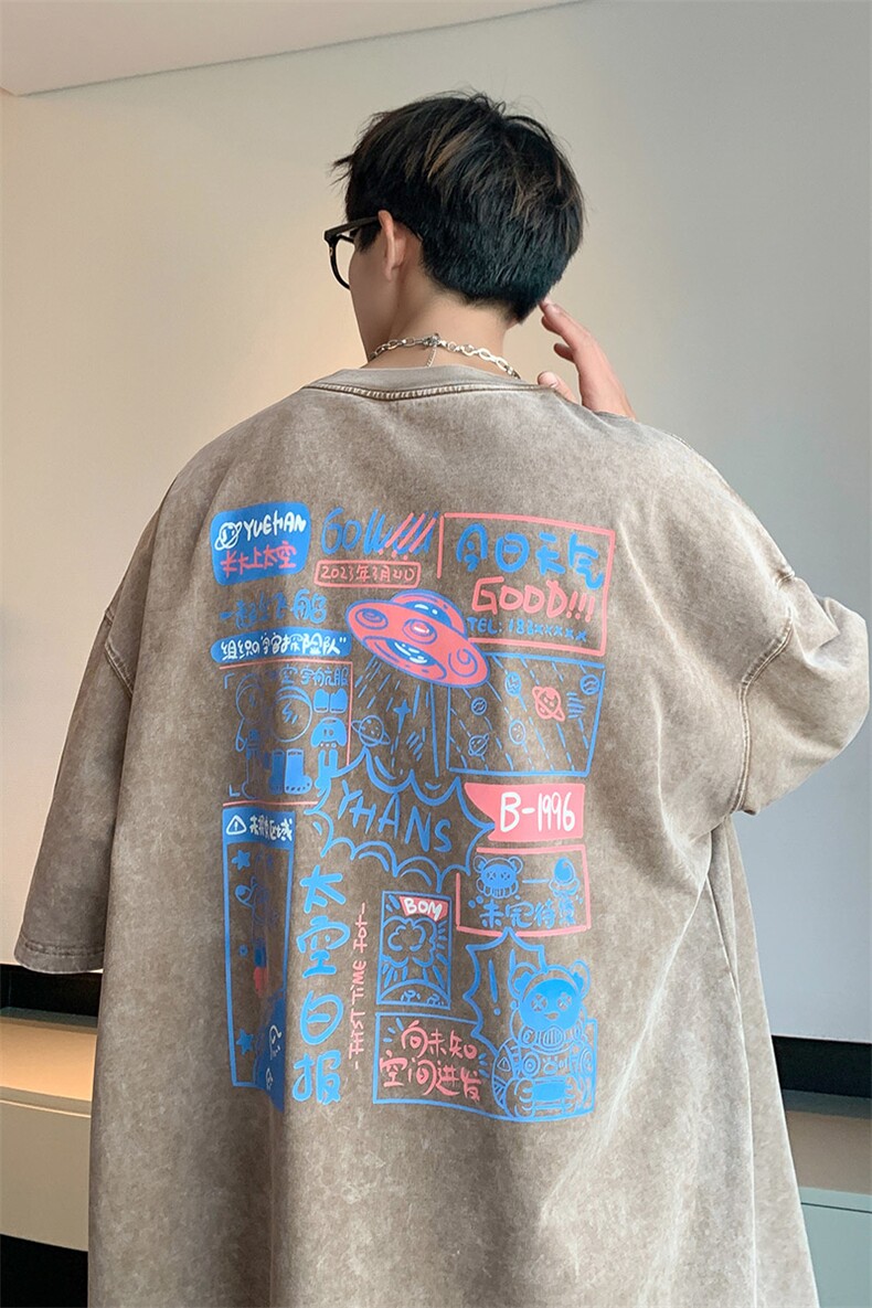 抖音供货、10万现货印花款230克水洗棉短袖T恤D223A-ST2369-P35,男装T恤,电商019-1