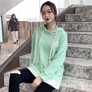 2021春季新款时尚假两件连帽卫衣 宽松显瘦长袖上衣女图片