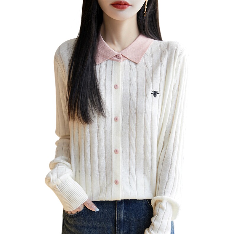 POLO领精纺羊毛开衫女拼色扭花蜜蜂刺绣针织毛衣宽松百搭外套上衣,针织衫/毛衣,暖烁羊绒