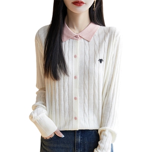 POLO领精纺羊毛开衫女拼色扭花蜜蜂刺绣针织毛衣宽松百搭外套上衣图片
