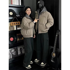 现货高品质重磅工艺美式高街假两件PU皮棉衣男女加厚棉服外套，男装棉衣，电商A486-1