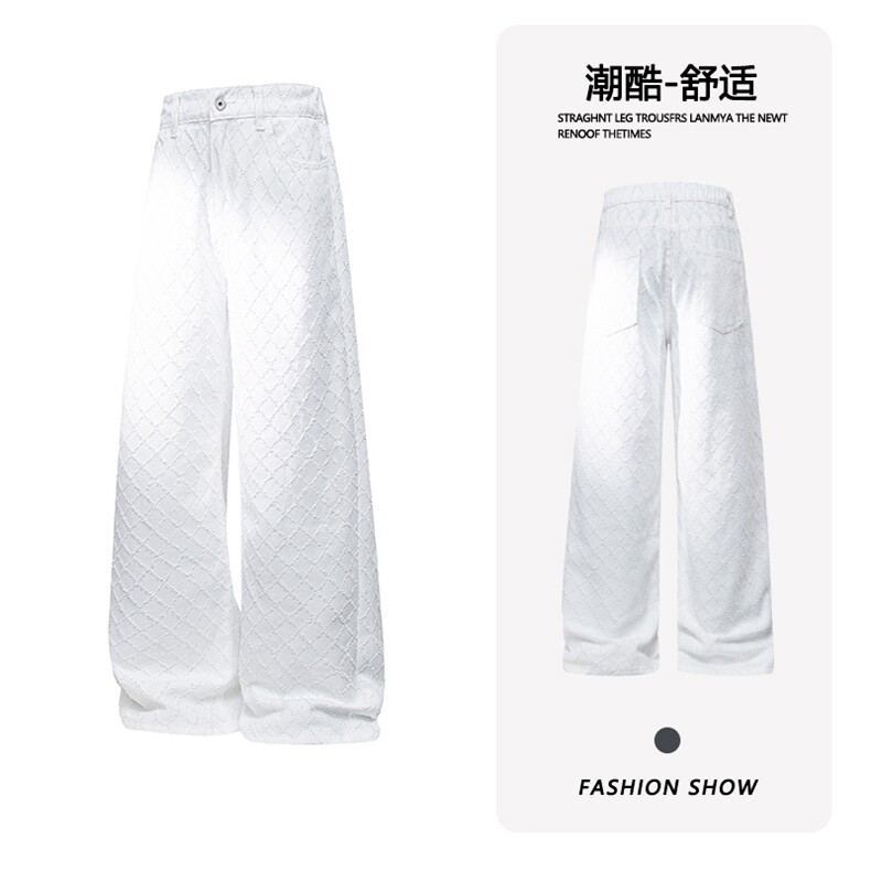 B221美式ins宽松直筒格子休闲白色牛仔裤LK25579-特P45控78,男装牛仔裤,电商B221