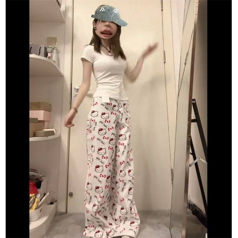 AK2343-P60美式复古kt猫满印休闲裤百搭宽松阔腿长裤潮,女装休闲裤,星座617A-2
