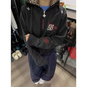 美式复古小恶魔豹纹连帽拉链卫衣男女春秋冬情侣开衫刺绣运动外套图片