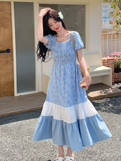 蓝色法式打揽设计高腰连衣裙女2025夏季新款印花撞色泡泡袖裙子，女装连衣裙，浙宝285（原212）
