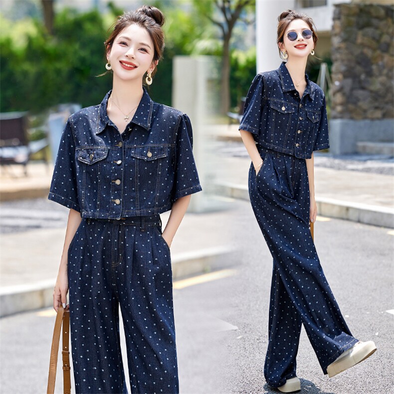 高级感港风薄款牛仔套装女夏2024新款短袖衬衫上衣阔腿长裤两件套，女装套装/套裙，依如秀(原杭风阁)