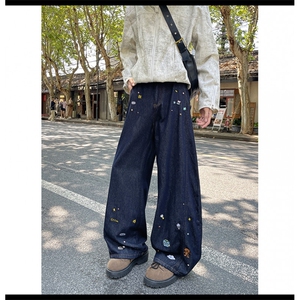 卡通刺绣弯刀牛仔裤男秋冬复古街头宽松水洗阔腿长裤NK077-P58图片