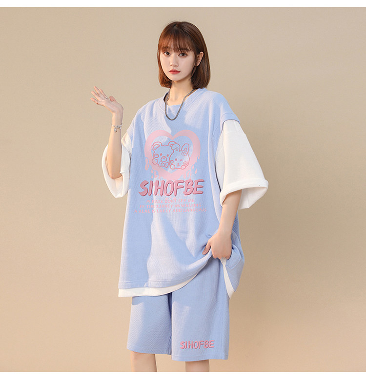 中性夏季潮牌ins个性爱心印花休闲情侣套装一套TZ618-P75控98，女装运动套装，A247A