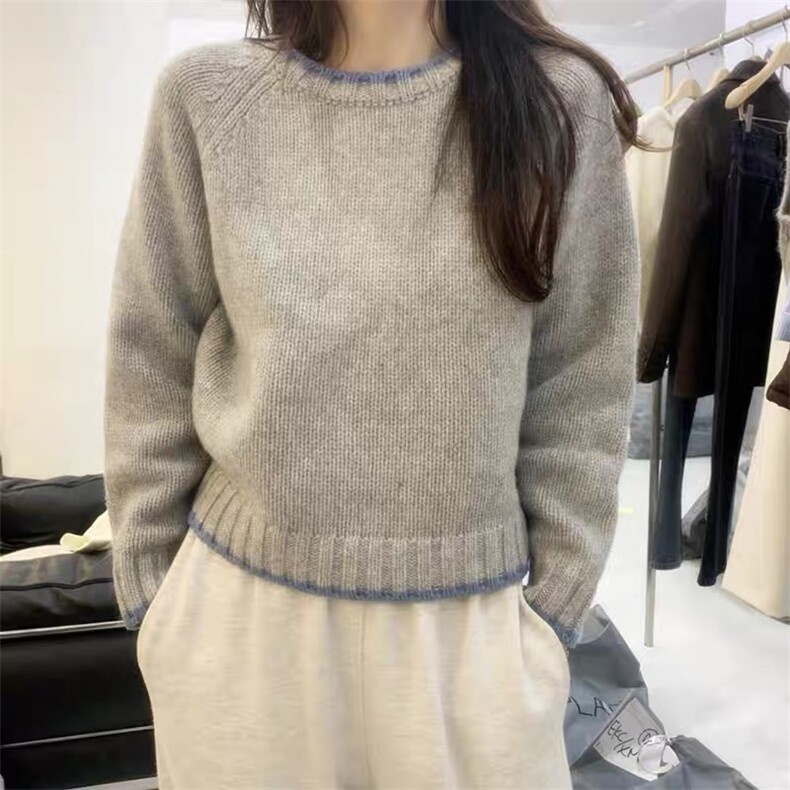 羊毛衫女款2024秋冬新款时尚圆领拼接毛衣宽松慵懒风,女装羊毛衫,思途羊绒