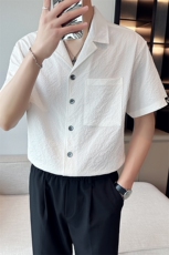 轻熟风男宽松短袖衬衫时尚休闲个性免烫衬衣白色A445-5336-P65，男装衬衫，电商A445