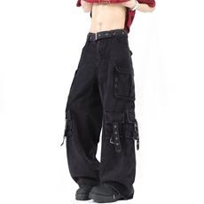 美式vibe高街口袋黑色工装牛仔裤男女秋宽松阔腿拖地裤RK3145-P72，男装牛仔裤，星座412-3