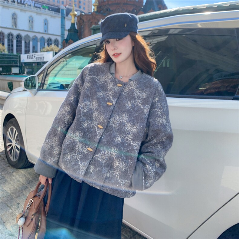 新中式国风提花毛呢外套女2025秋冬新款韩系宽松百搭加厚呢子上衣,女装短外套,2C375