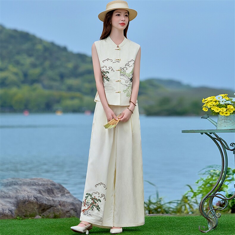 在仓~2026夏季无袖两件套宽松型纽扣时尚阔腿裤刺绣山水马甲薄款,女装套装/套裙,新依时派