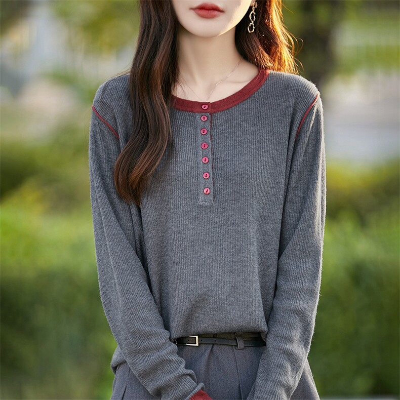 精纺秋新款撞色针织衫女装圆领半开扣宽松套头毛衣显瘦上衣打底衫,针织衫/毛衣,暖烁羊绒