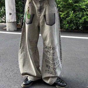 白色个性褶皱牛仔裤2025秋季新款美式高街多口袋直筒休闲长裤子图片