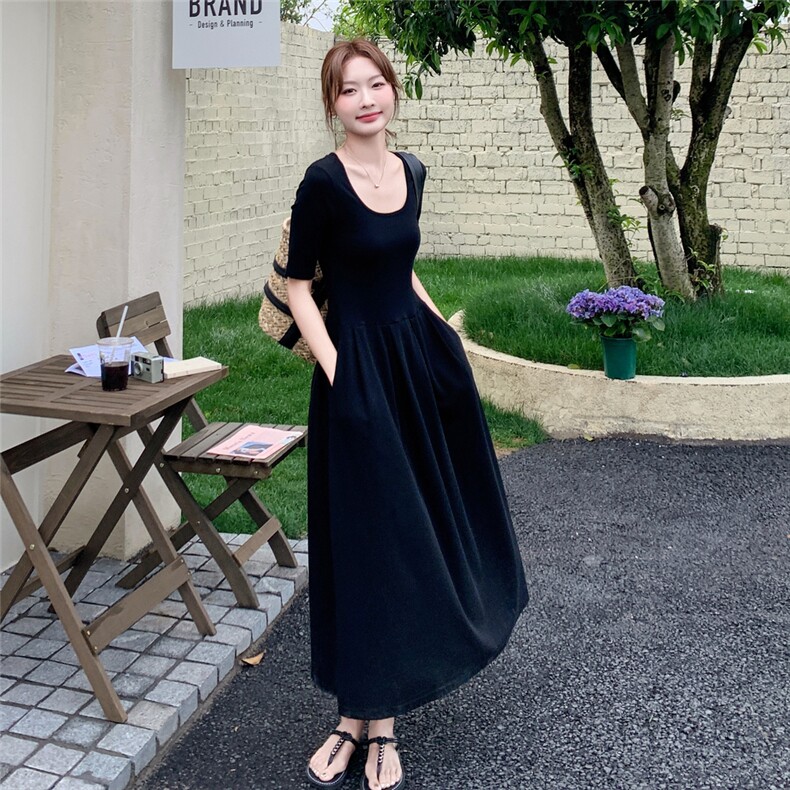 现货U领黑色短袖针织连衣裙女夏2C167-828-P110-K158,女装连衣裙,2C167