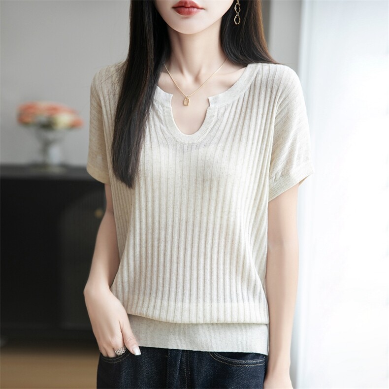 夏季款莱赛尔天丝针织短袖T恤女剪刀V领坑条上衣宽松半袖打底背心,针织衫/毛衣,暖烁特种纱工厂店
