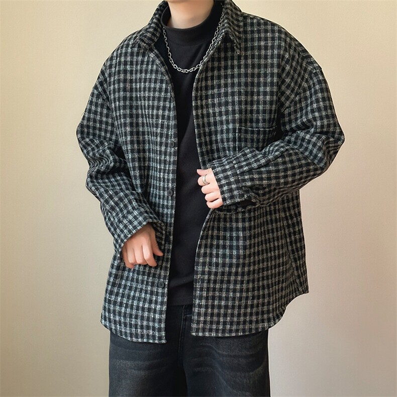 2025春新款呢子外套宽松休闲格子呢料衬衣外套A351-AJ2552-P75,男装衬衫,电商A351