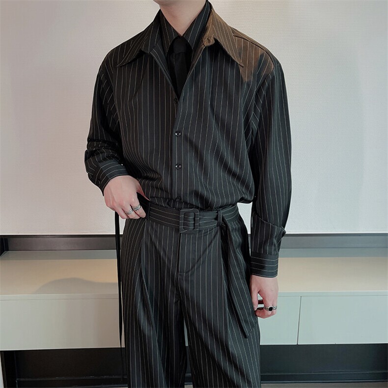 春季网红真两件拼接条纹衬衫男长袖痞帅阔腿裤两件套装TZ272-P160，男装衬衫，电商B267