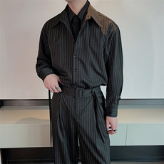 春季网红真两件拼接条纹衬衫男长袖痞帅阔腿裤两件套装TZ272-P160，男装衬衫，电商B267