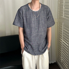 夏季质感亚麻短袖T恤男凉爽透气大码现货A351-M01-P40蓝灰色P45，男装T恤，电商A351