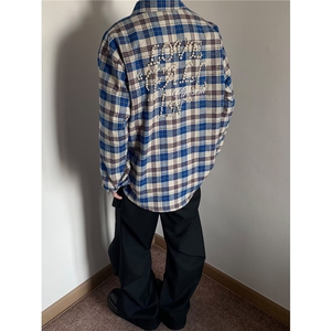 春秋季新款蓝色格子衬衫上衣男女美式街头复古外套设计感长袖衬衫,男装衬衫,星座506A