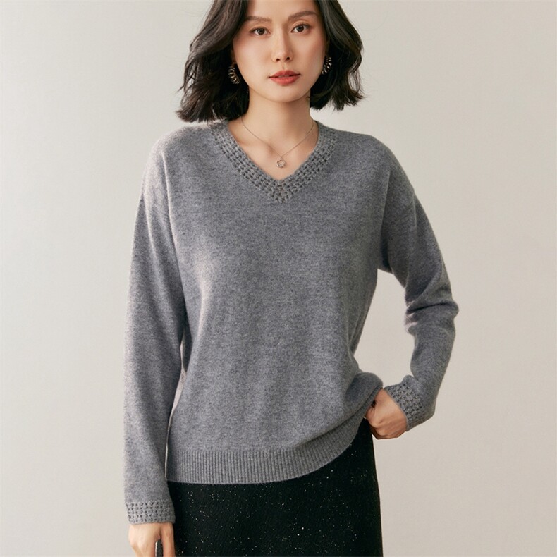 新款v领纯色针织衫简约百搭套头上衣女,针织衫/毛衣,鸥蕊娅羊绒