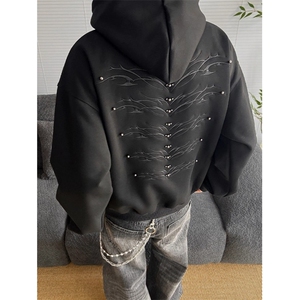 美式重磅Cleanfit复古钉珠设计连帽卫衣男宽松休闲上衣LY7455-P50图片