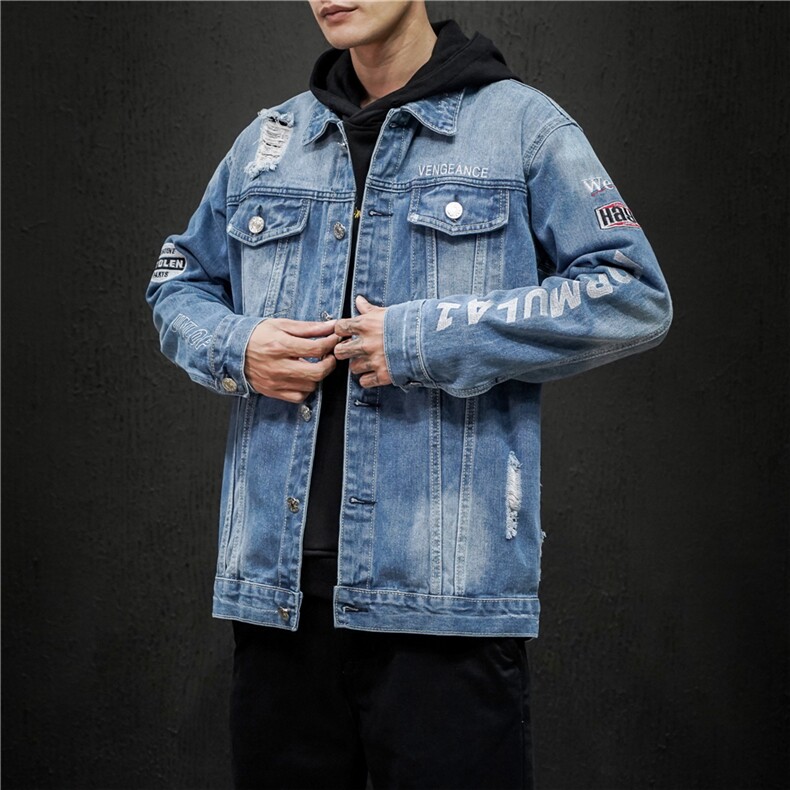 jk818-p80 M-5XL黑墙ins牛仔夹克绣花破洞大码男日系CITYBOY图片