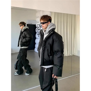 现货5W件冬季三防重磅硬挺boxy短款羽绒立领PU皮棉衣外套加厚棉服图片