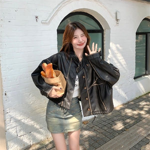 美拉德皮衣外套女小个子2024秋季新款美式复古棕色立领短款皮夹克图片