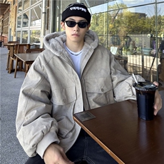 冬季保暖连帽棉服男宽松复古大理石座山雕外套潮，男装棉衣，电商C307