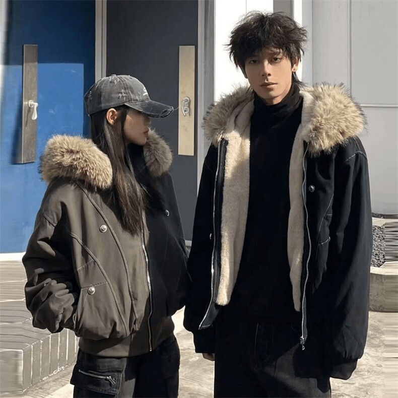 现货重磅boxy短款棉衣座山雕大毛毛领男女棉服水洗工装厚外套,男装棉衣,电商A486-1