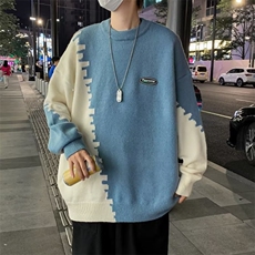 秋冬撞色拼接设计感圆领针织衫情侣韩系慵懒风毛衣男M664-P38，男装针织衫/毛衣，星座512-2