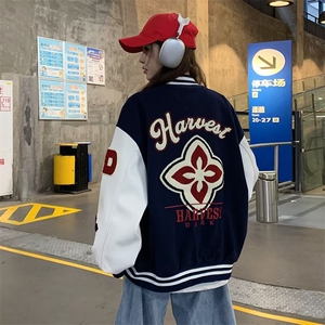 新款百搭慵懒原宿气质ins文艺潮流植绒刺绣棒球服夹克W6632-P65图片